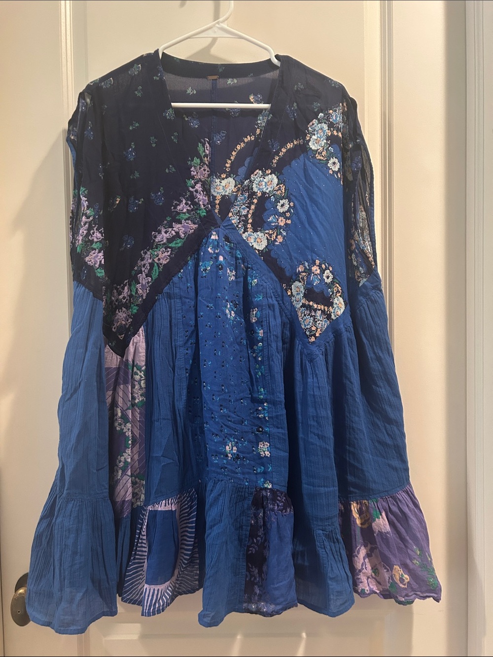 Free People Floral Flowy Patchwork Ruffle Babydoll Mini Dress pockets Sleeveless
